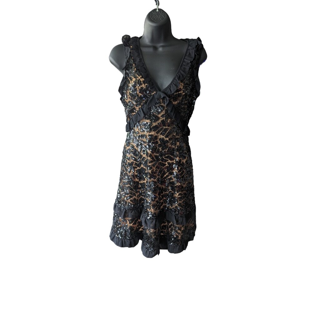 Michael Kors Sequined Lace Ruffle-Trim Dress S Black